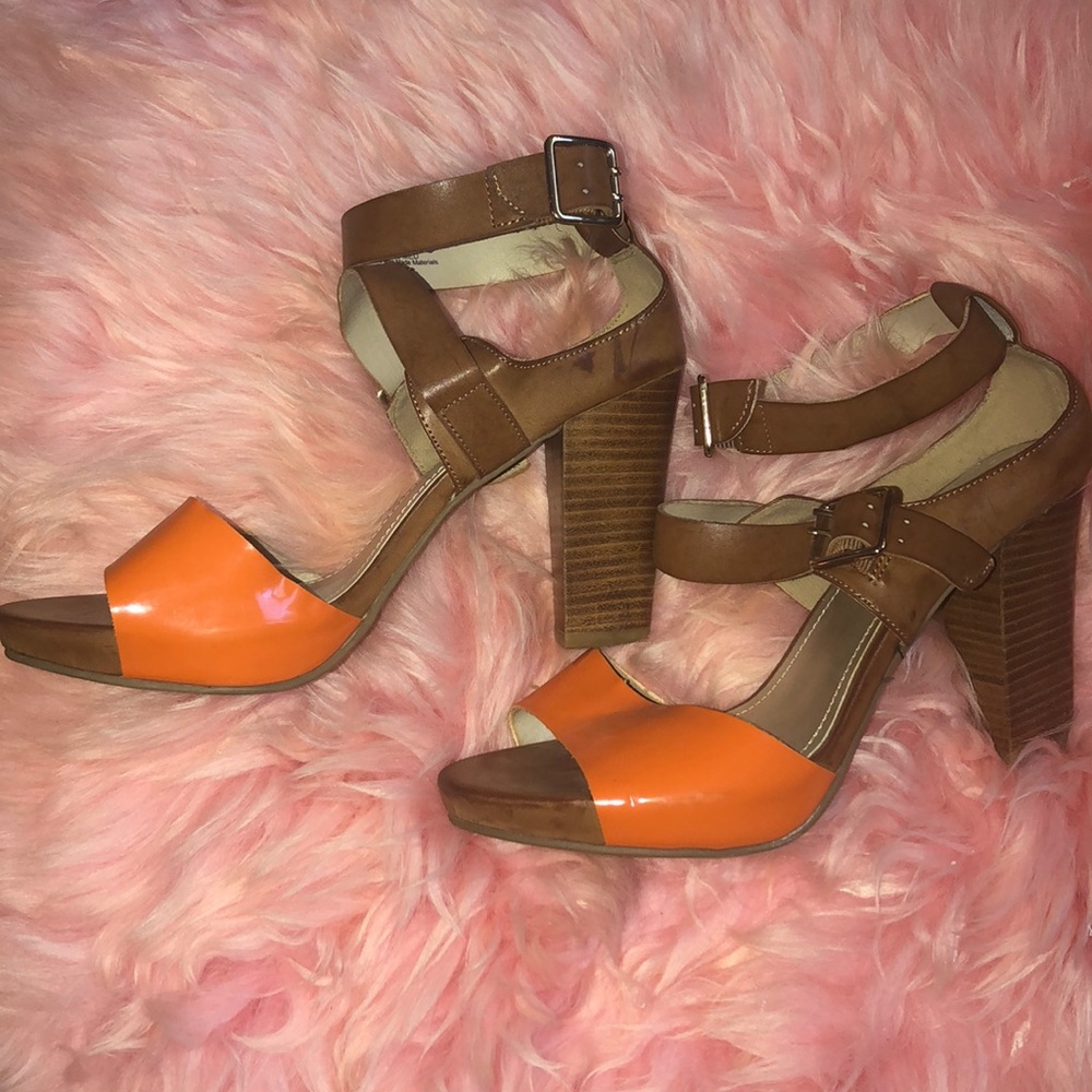 Tan and Orange Block Heel Sandal